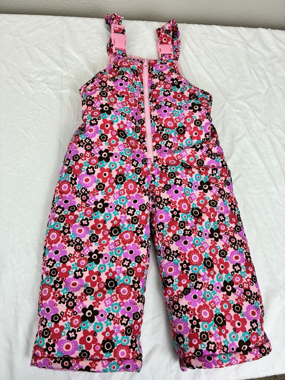 Osh Kosh Bib Snow Pants Pink Floral Print Zip Up Overalls EUC Size 18 Month